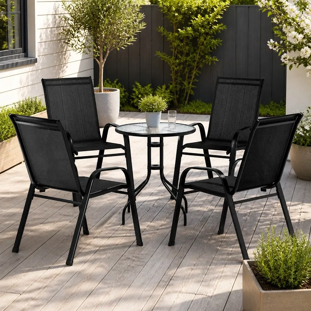 5PC Outdoor Bistro Set Stackable Chairs and Table Black Tempered Glass