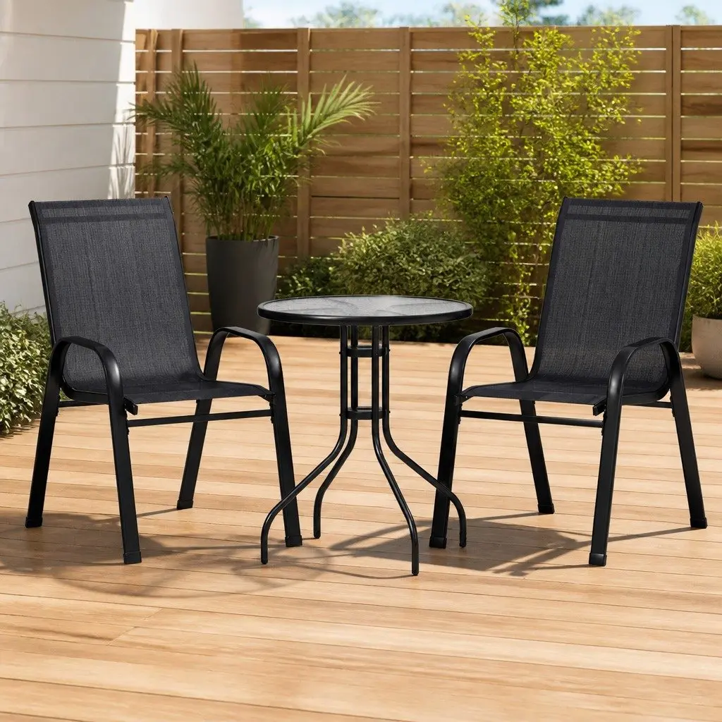 3-Piece Outdoor Bistro Set Stackable Patio Chairs Table Tempered Glass Black