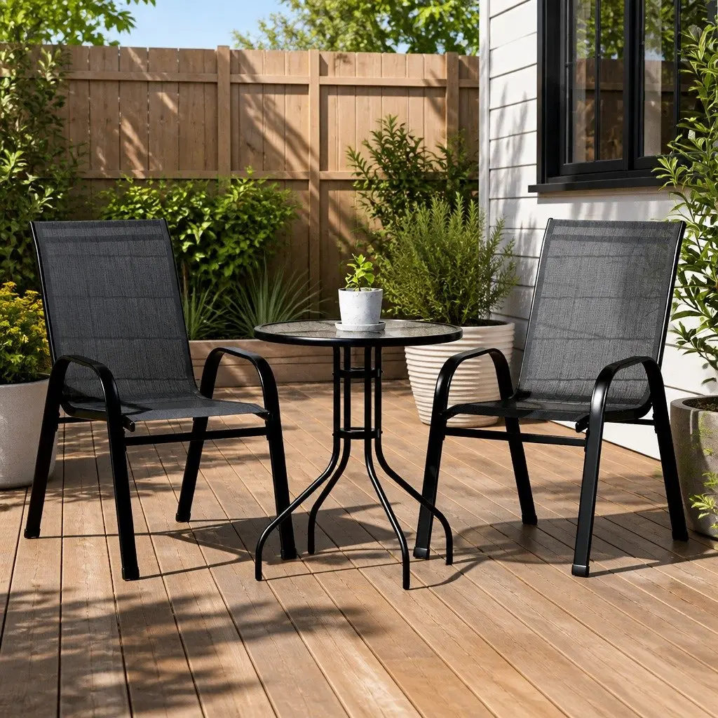 3 Piece Bistro Set Black Stackable Chairs and Table with Tempered Glass Top for Outdoor Patio and Garden Use