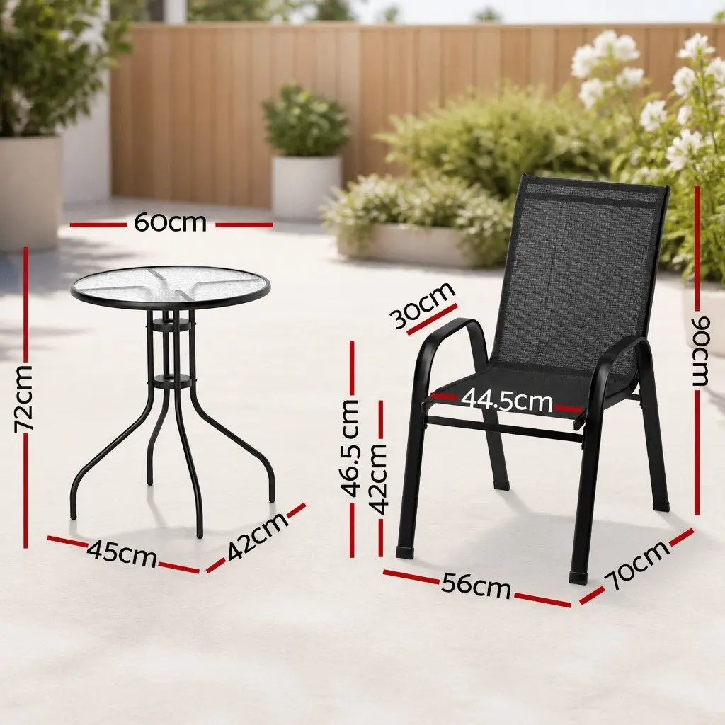 3 Piece Bistro Set Black Stackable Chairs and Table with Tempered Glass Top for Outdoor Patio and Garden Use