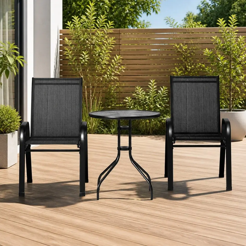 3 Piece Bistro Set Black Stackable Chairs and Table with Tempered Glass Top for Outdoor Patio and Garden Use
