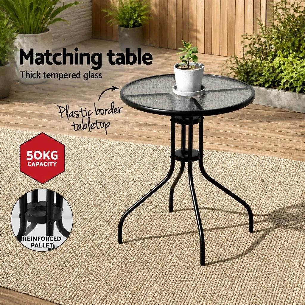 3 Piece Bistro Set Black Stackable Chairs and Table with Tempered Glass Top for Outdoor Patio and Garden Use
