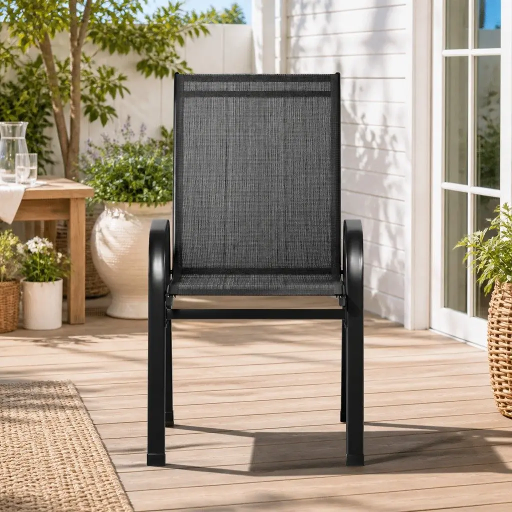 Outdoor Stackable Dining Chairs Black Steel 2 Piece