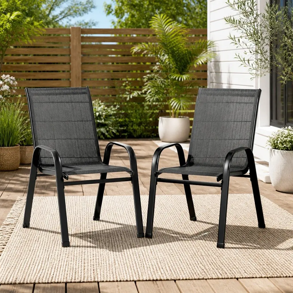 Outdoor Stackable Dining Chairs Black Steel 2 Piece