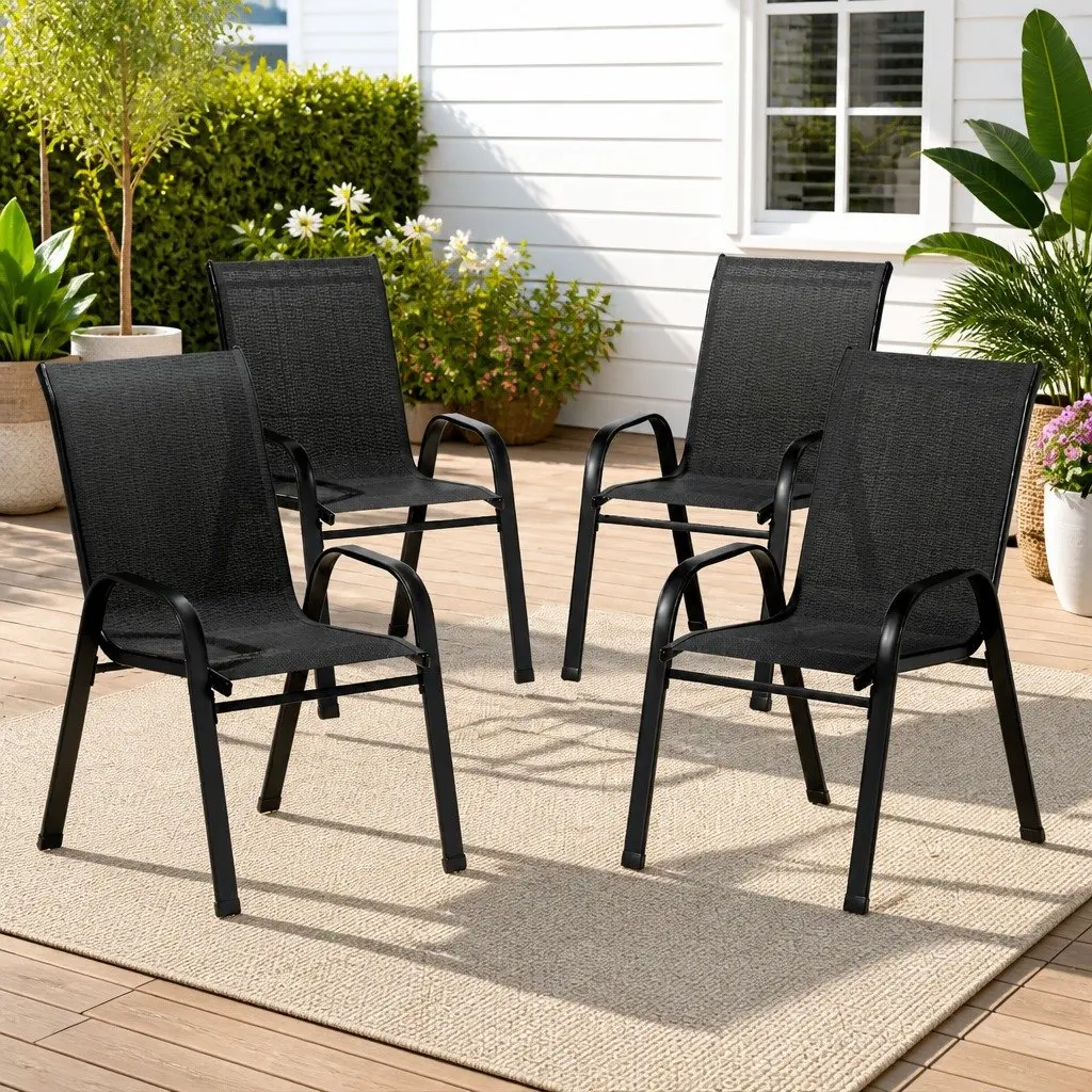 Stackable Outdoor Dining Chairs 4PC Patio Lounge Furniture Black Steel Frame