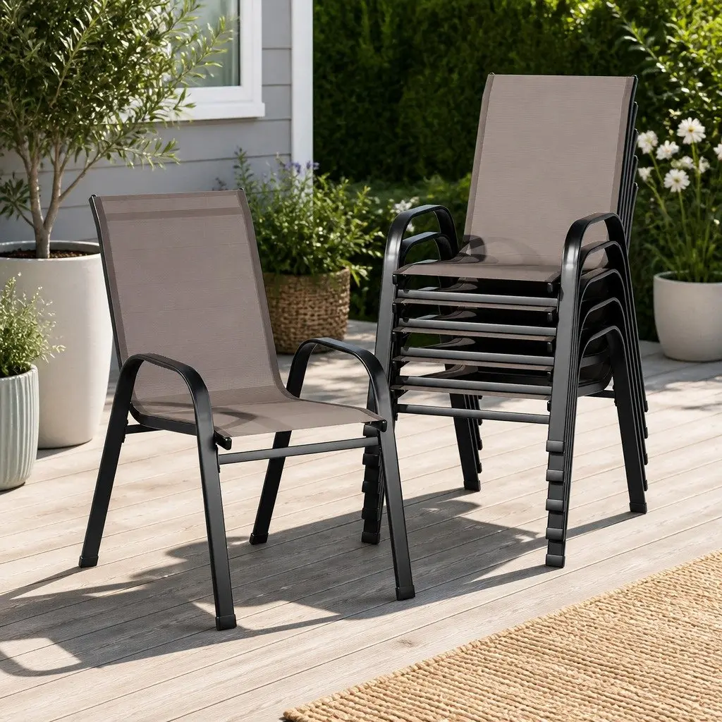 Outdoor Stackable Dining Chairs Set 6PC Lounge Patio Furniture Brown Steel Frame