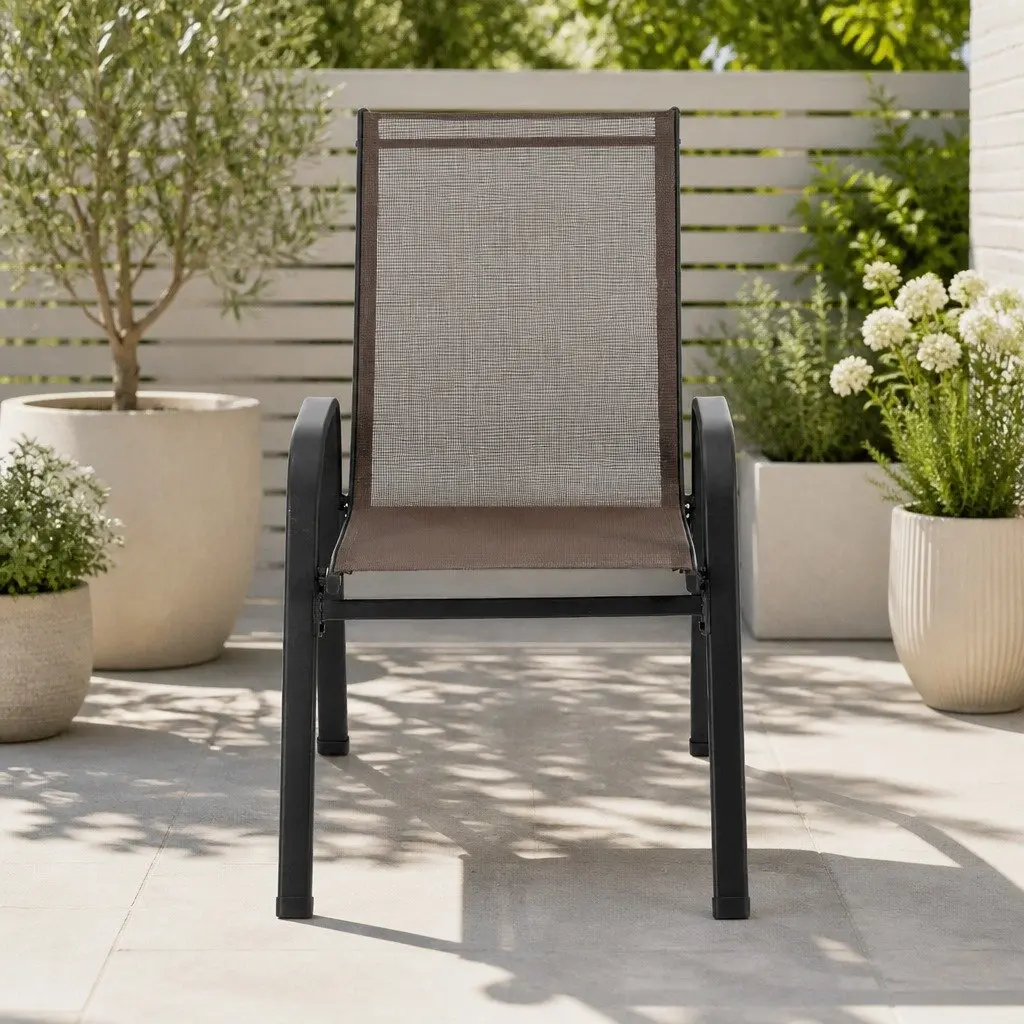 Outdoor Stackable Dining Chairs Set 6PC Lounge Patio Furniture Brown Steel Frame