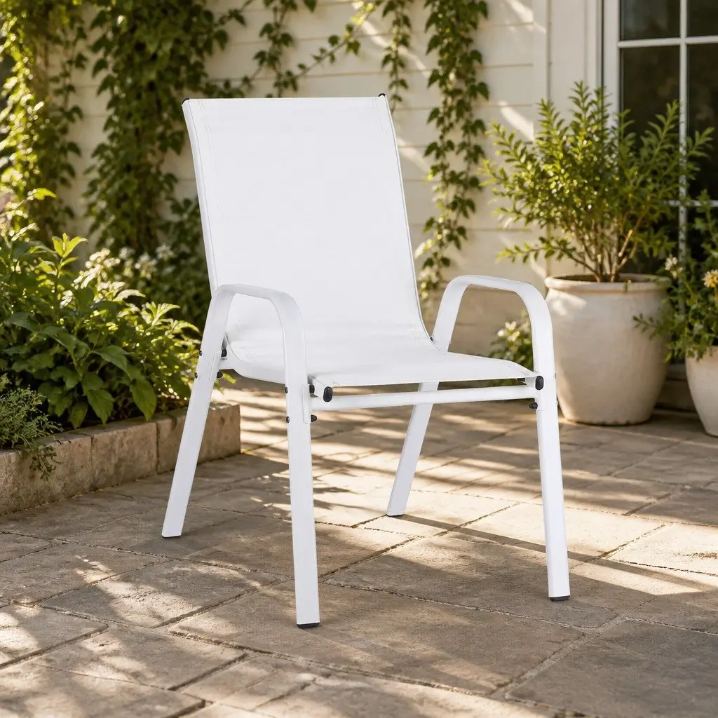 Outdoor Stackable Dining Chairs White Textilene Fabric Steel Frame