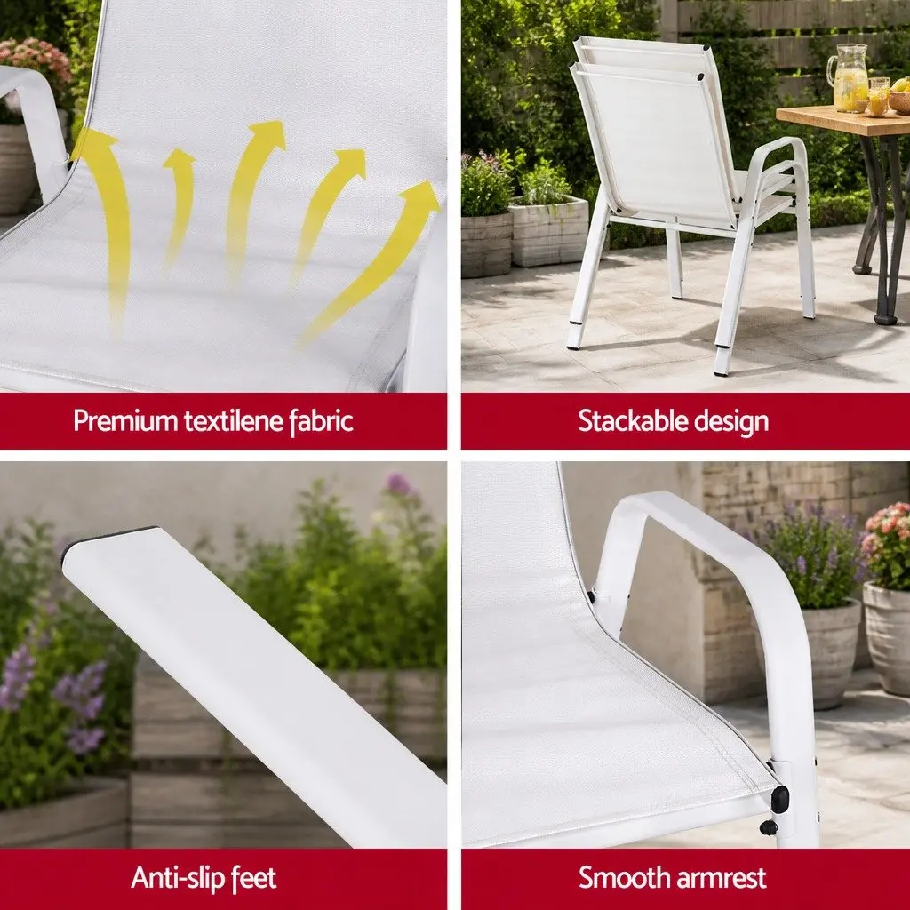 Outdoor Stackable Dining Chairs White Textilene Fabric Steel Frame