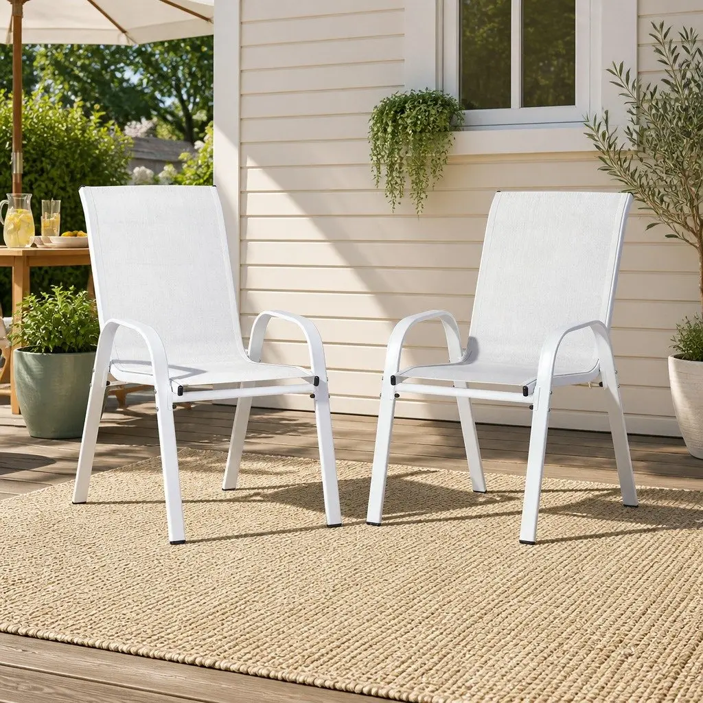 Outdoor Stackable Dining Chairs White Textilene Fabric Steel Frame