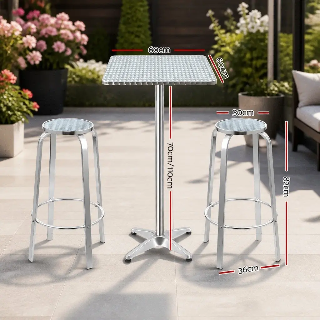 3 Piece Outdoor Bar Set Height Adjustable Bistro Table with 2 Stools Square Cafe
