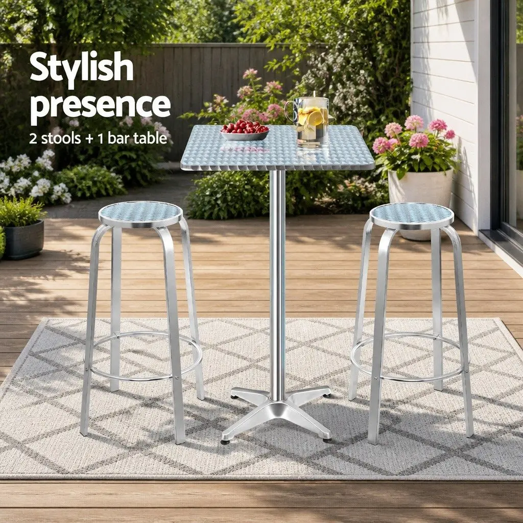 3 Piece Outdoor Bar Set Height Adjustable Bistro Table with 2 Stools Square Cafe