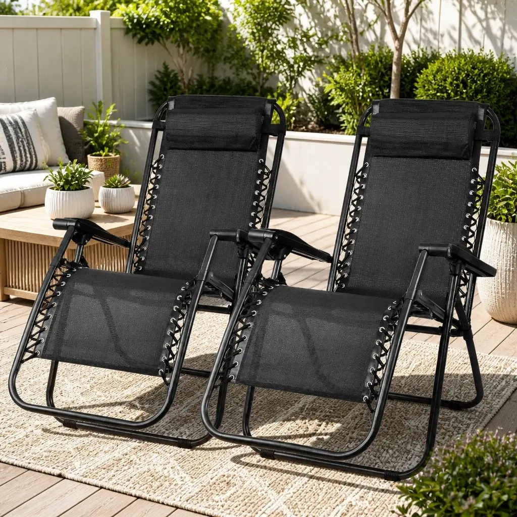 Zero Gravity Reclining Chair Adjustable Folding Outdoor Lounge Black 2 Piece