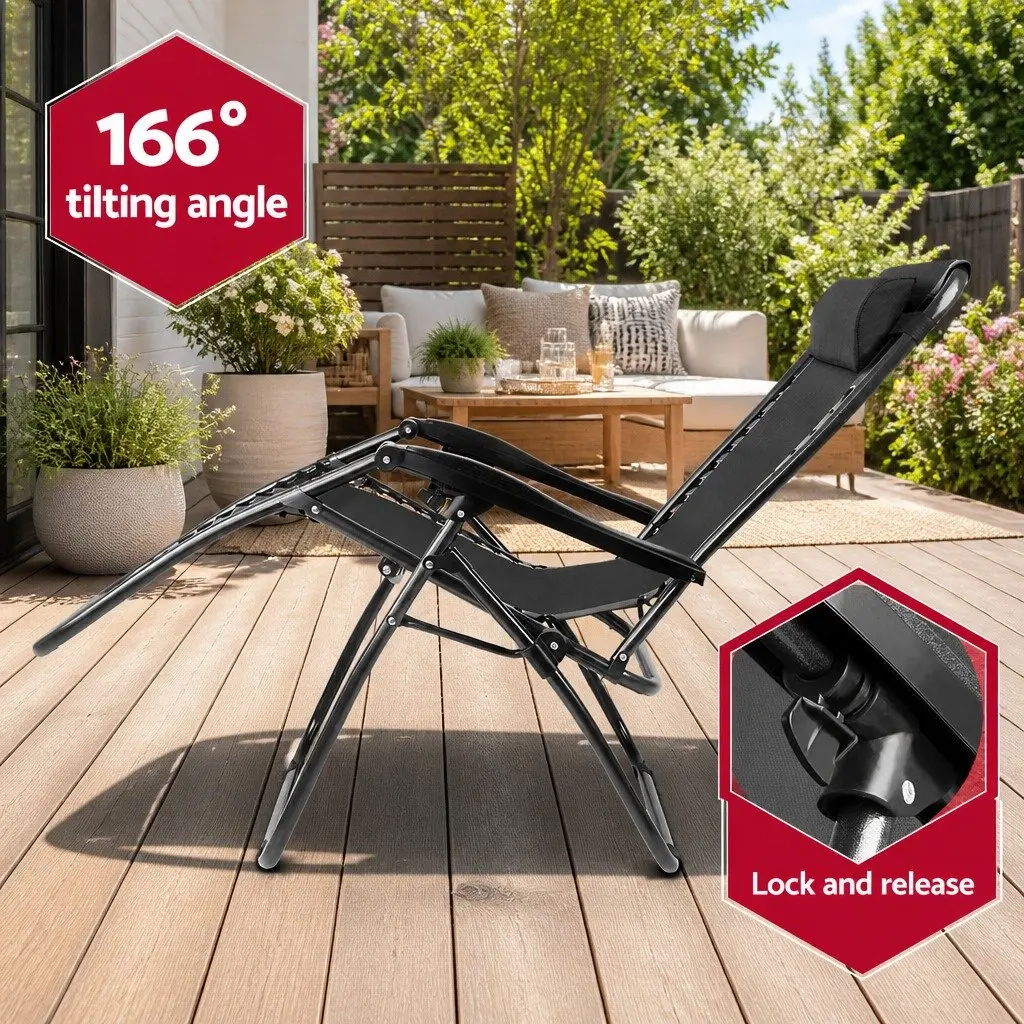 Zero Gravity Reclining Chair Adjustable Folding Outdoor Lounge Black 2 Piece