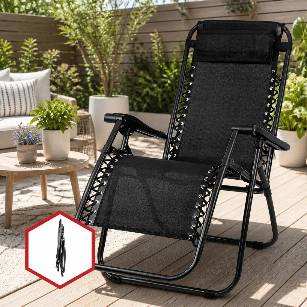 Zero Gravity Reclining Chair Adjustable Folding Outdoor Lounge Black 2 Piece