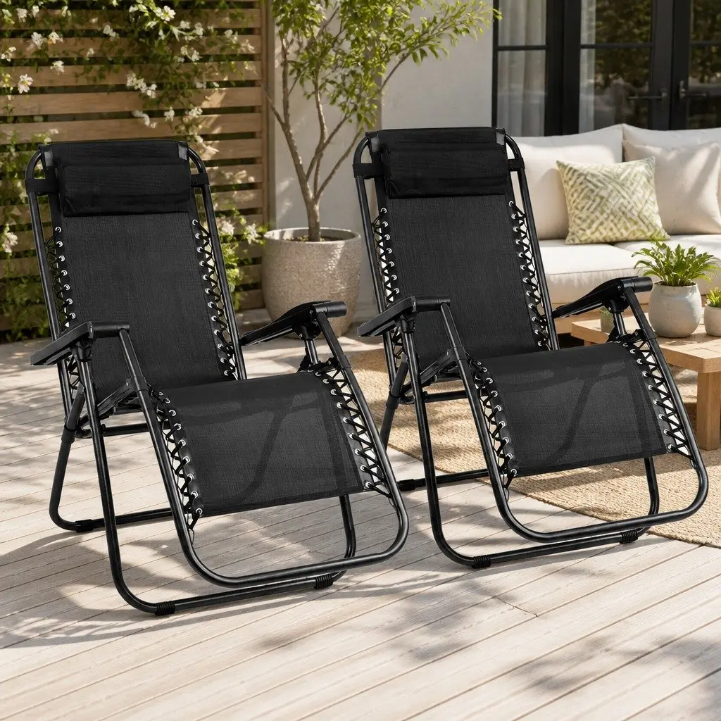 Zero Gravity Reclining Chair Adjustable Folding Outdoor Lounge Black 2 Piece