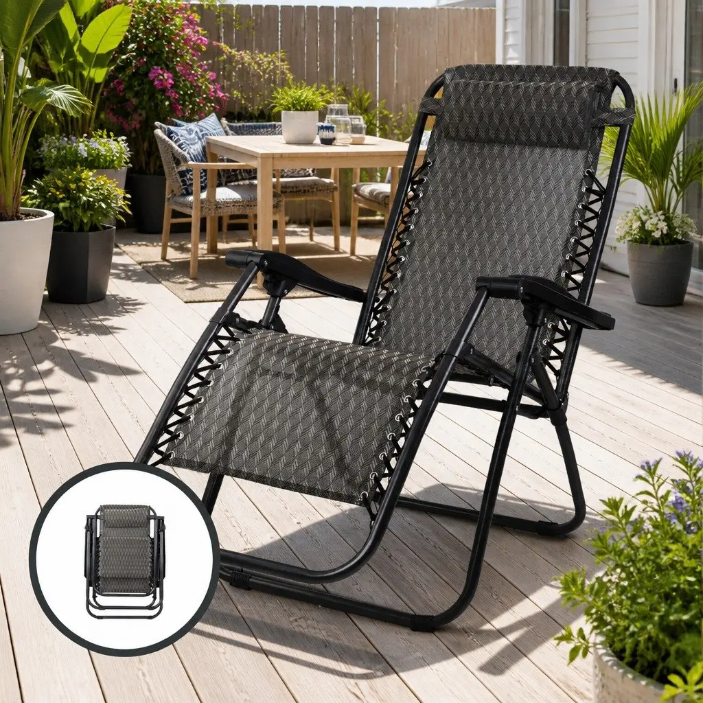 Zero Gravity Recliner Folding Outdoor Chair Adjustable Lounge Camping Grey