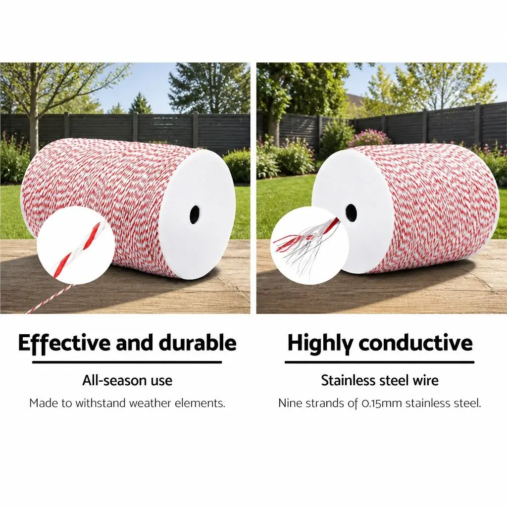 Polywire Electric Fence 1000M High Visibility Red White Durable Livestock Pet Containment Fencing Wire