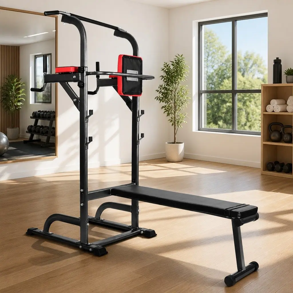 Multi-Function Exercise Tower Bench Press Chin Up Bar Home Gym Station Grey