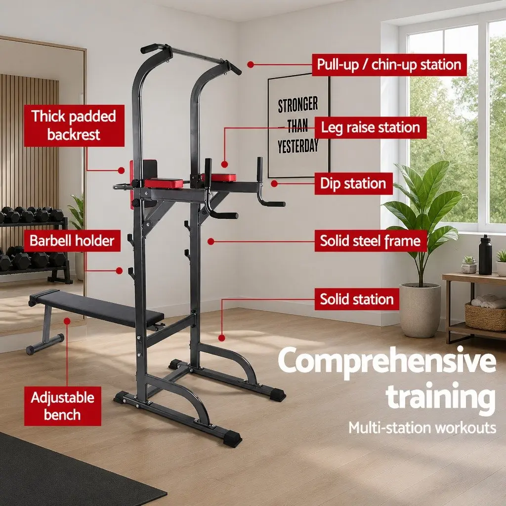 Multi-Function Exercise Tower Bench Press Chin Up Bar Home Gym Station Grey