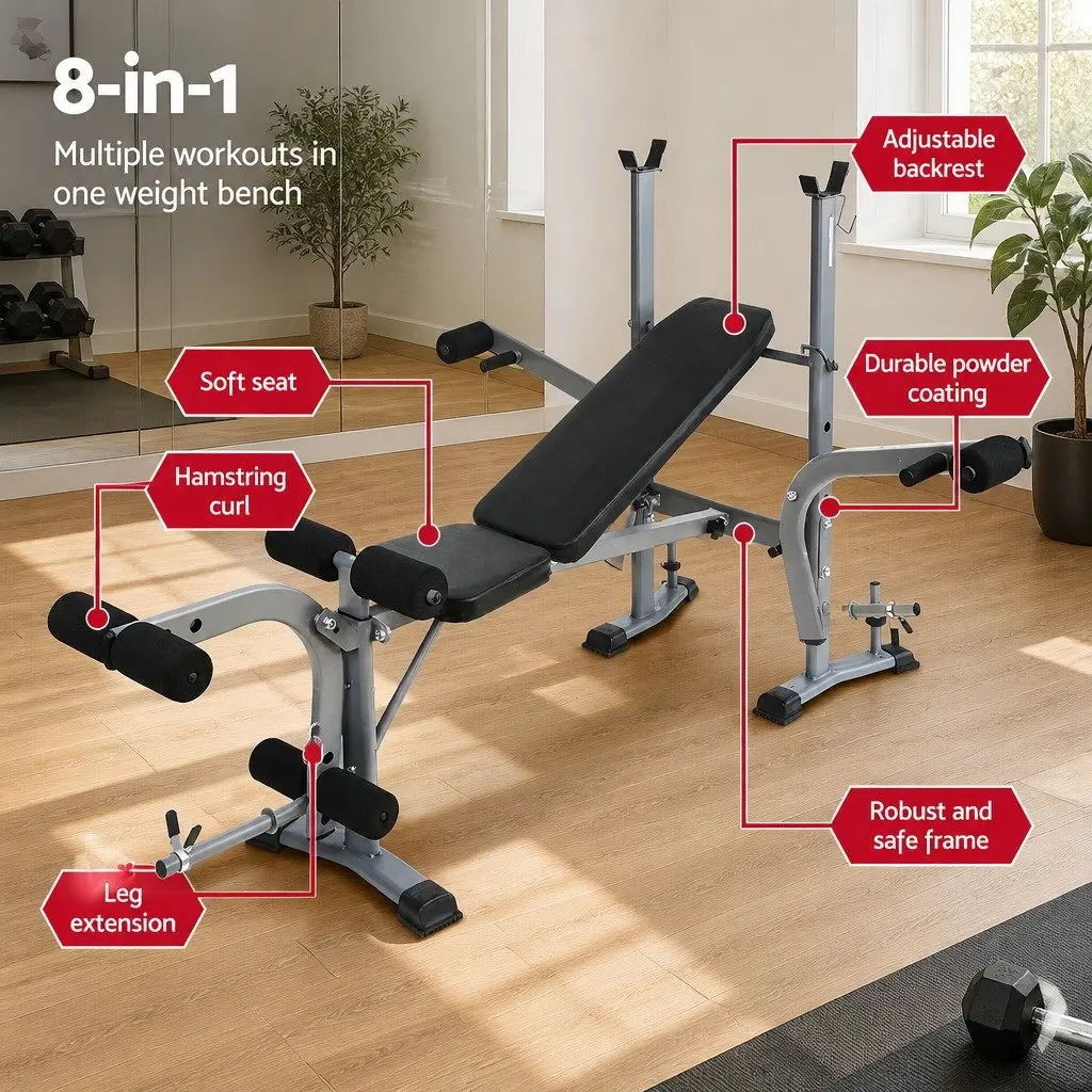 Adjustable Weight Bench Multi Exercise 8 in 1 Home Gym Black
