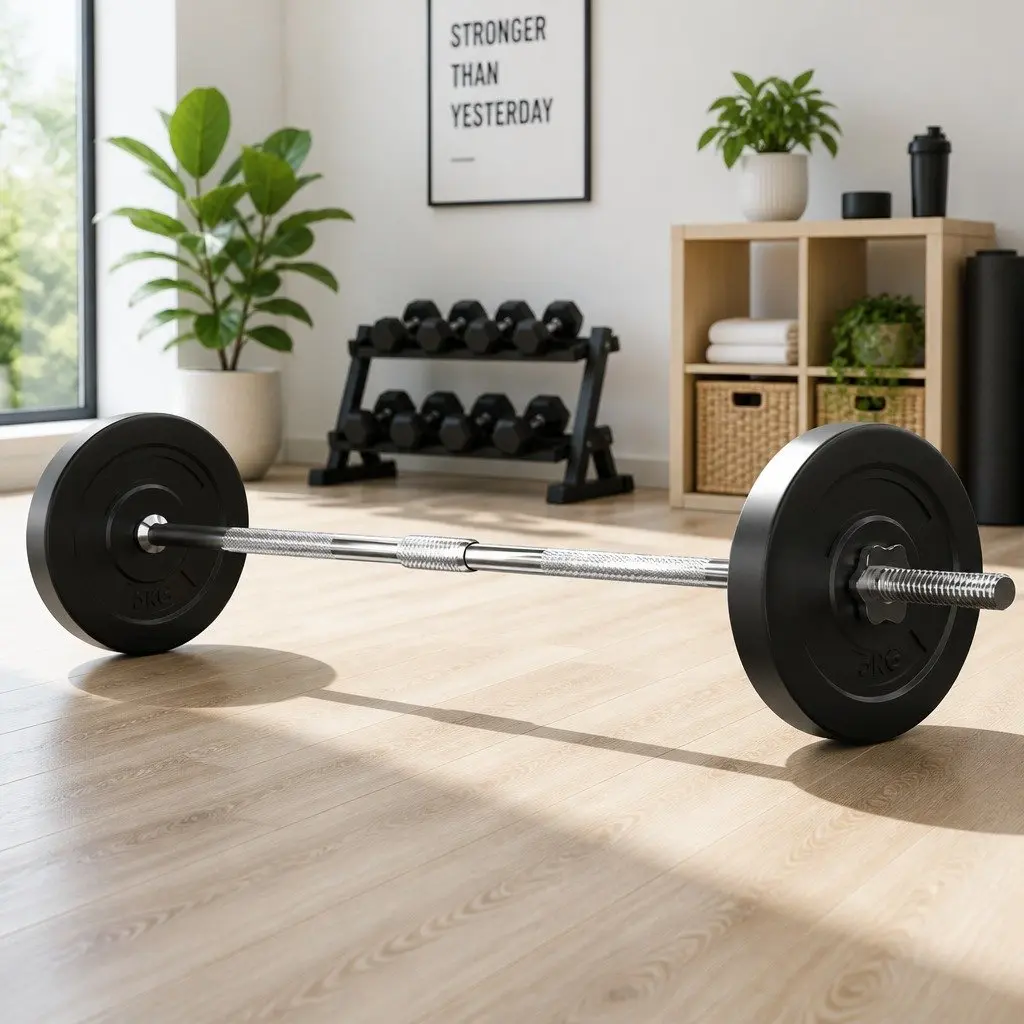 Barbell Set 18kg Rubber Coated Weight Plates Home Gym Exercise Training Kit