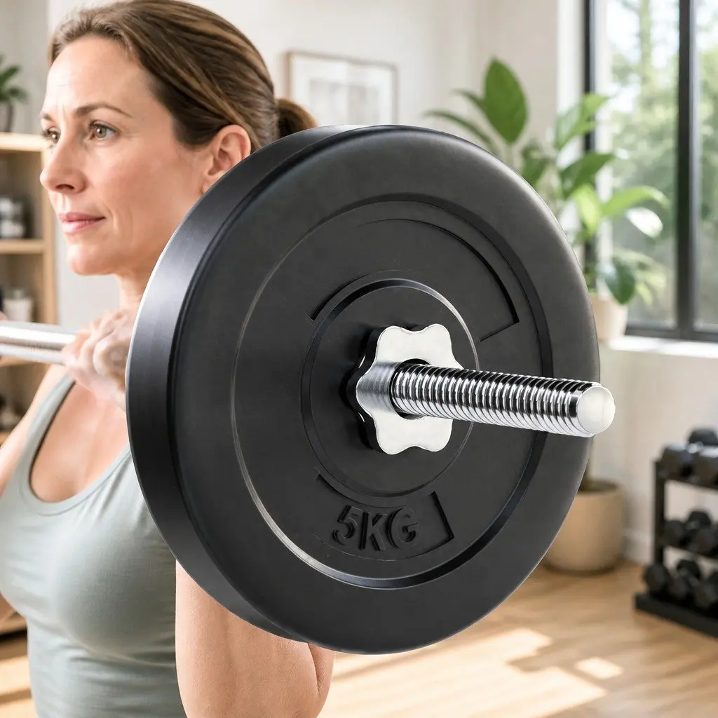 Barbell Set 18kg Rubber Coated Weight Plates Home Gym Exercise Training Kit