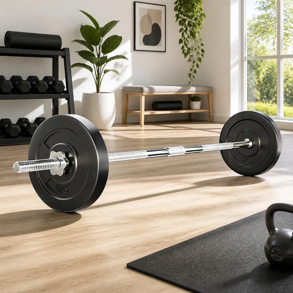 Barbell Set 18kg Rubber Coated Weight Plates Home Gym Exercise Training Kit