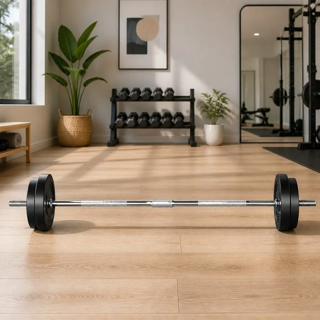 Barbell Set Rubber Coated Weight Plates 38kg Home Gym Exercise Bench 168cm Black
