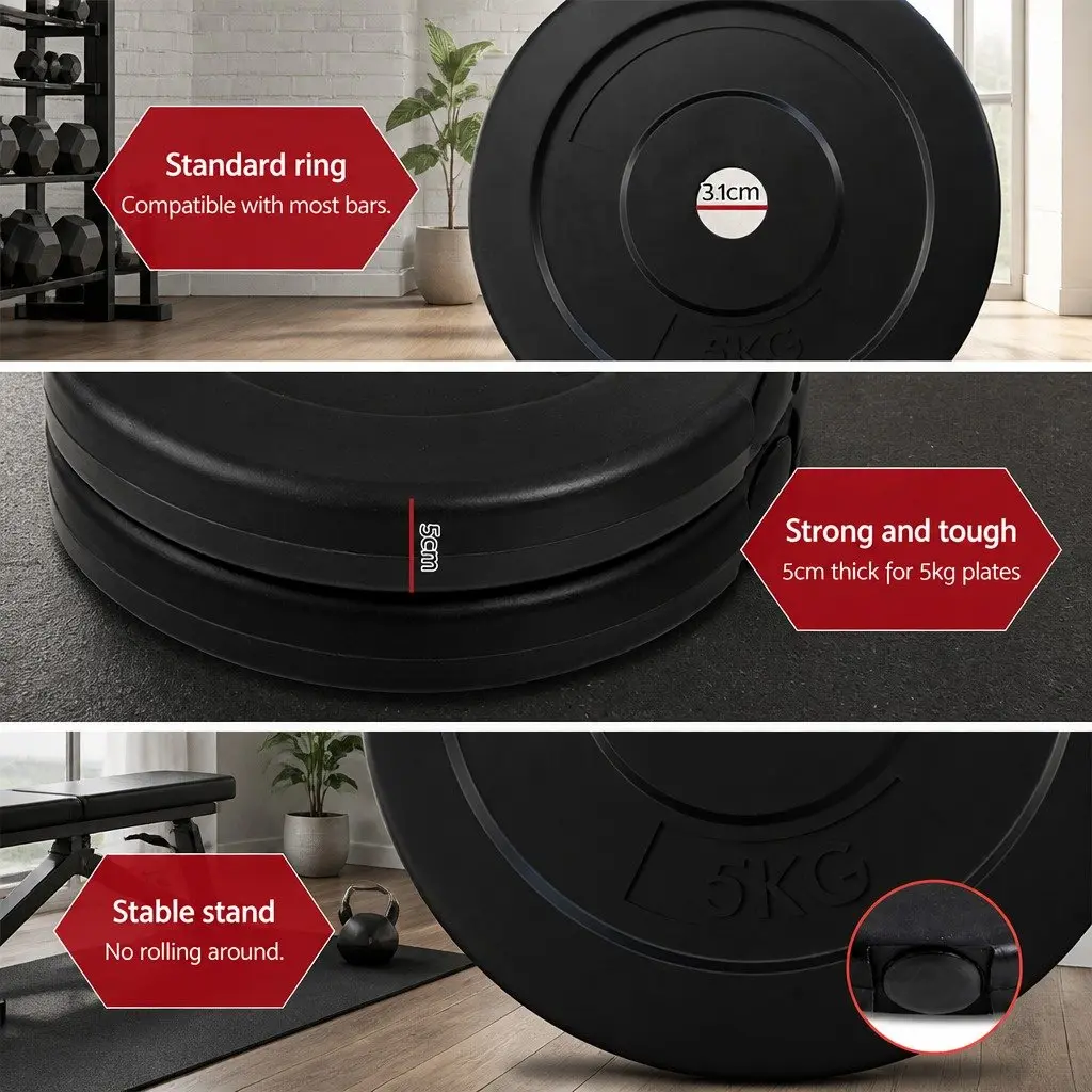 Barbell Set Rubber Coated Weight Plates 38kg Home Gym Exercise Bench 168cm Black