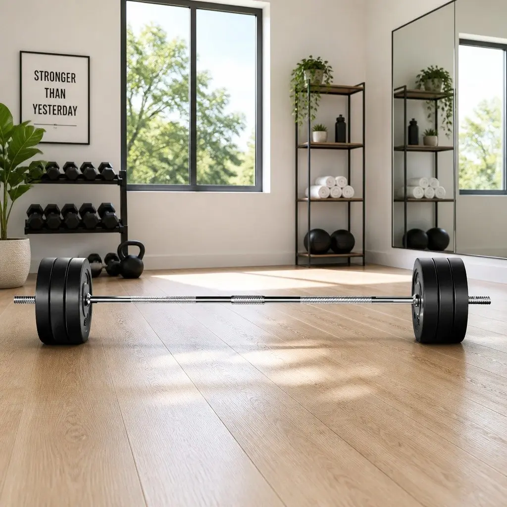 Barbell Set with Rubber Coated Weight Plates and Lifting Bench 68kg 168cm
