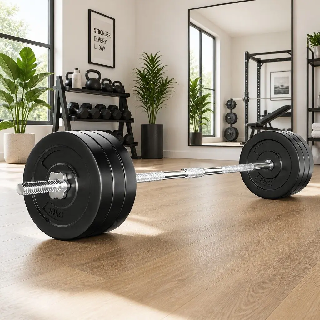 Barbell Set with Rubber Coated Weight Plates and Lifting Bench 68kg 168cm