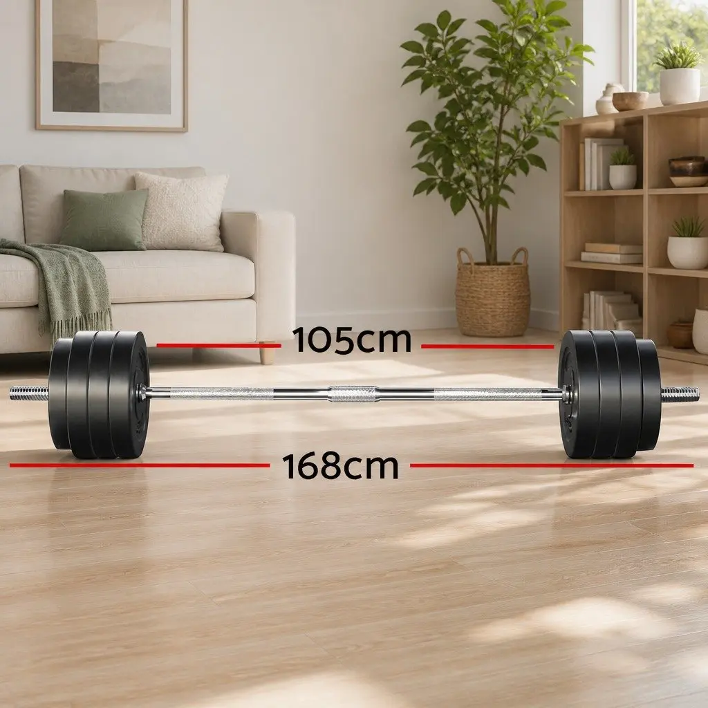 Barbell Weight Plates Set Rubber Coated 78kg with 168cm Steel Bar for Home Gym