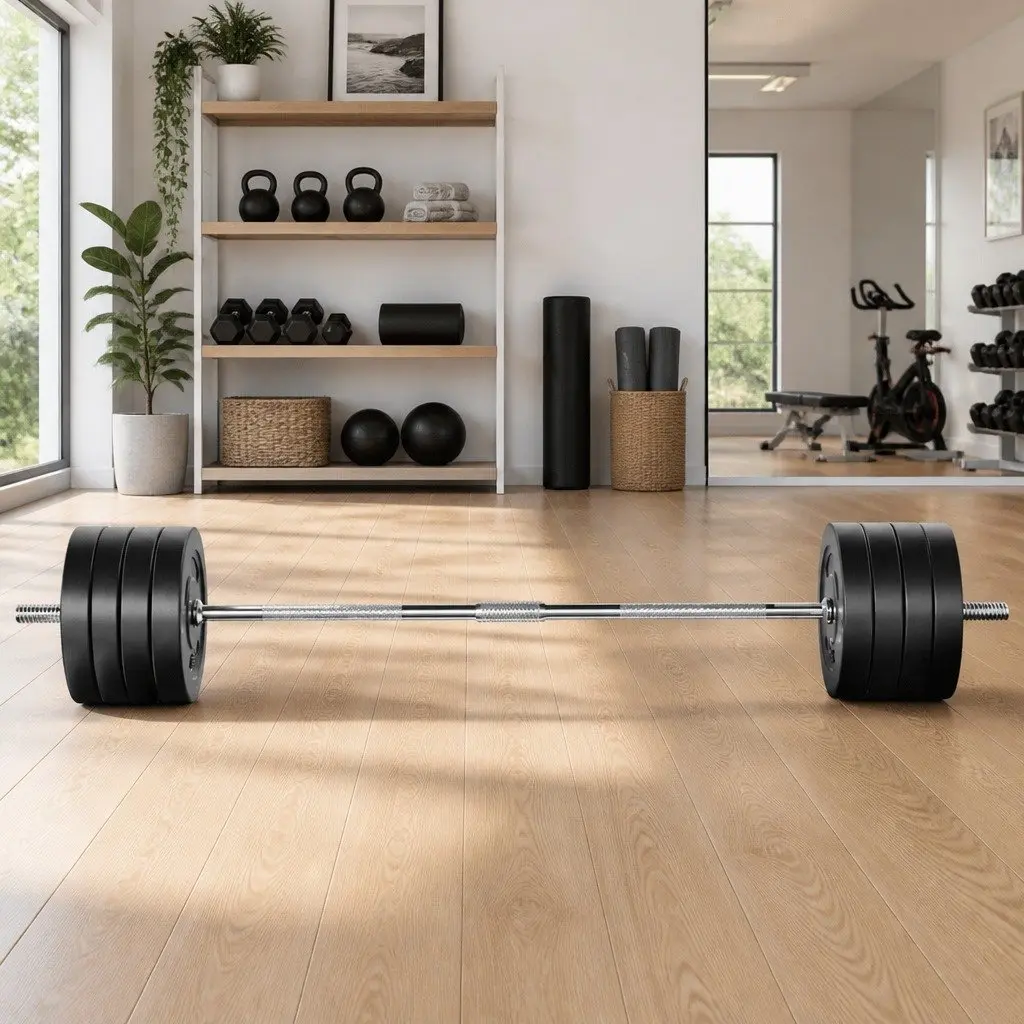 Barbell Set with Weight Plates Rubber Coated 168cm Bar for Home Gym