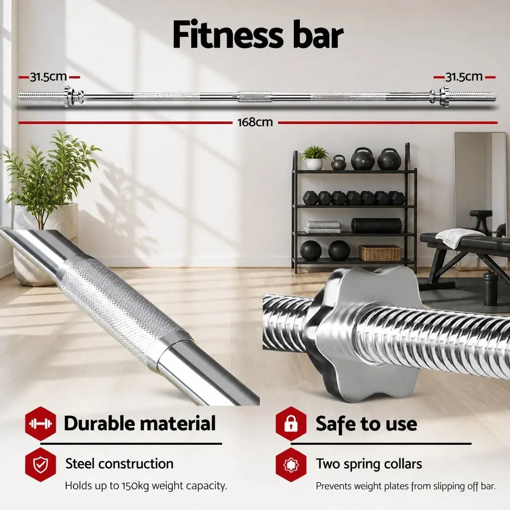 Barbell Set with Weight Plates Rubber Coated 168cm Bar for Home Gym