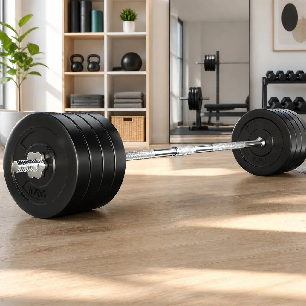 Barbell Set with Weight Plates Rubber Coated 168cm Bar for Home Gym