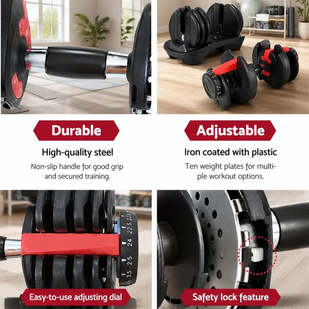 Adjustable Dumbbell Set 24kg Weight Plates Home Gym Exercise Free Weights Black
