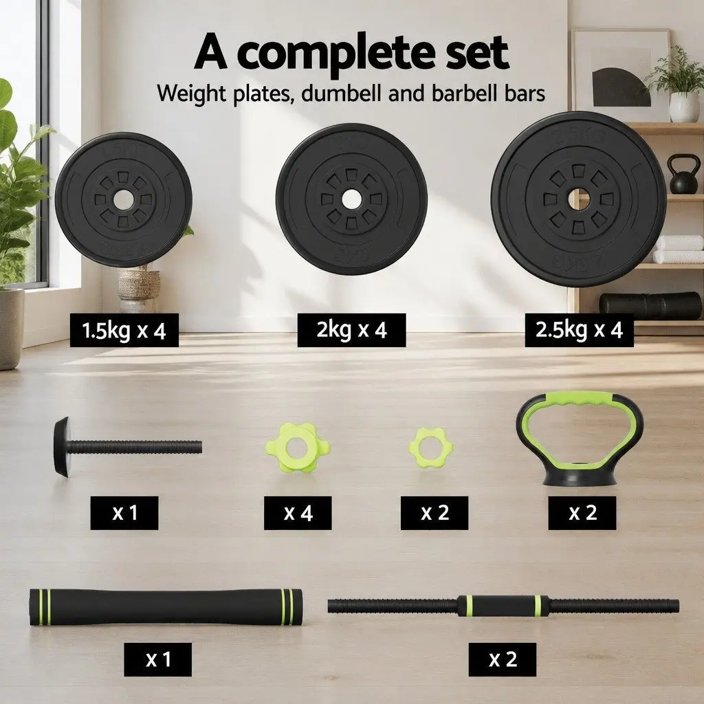 25kg Adjustable Dumbbell Barbell Kettlebell Weight Plates Set Home Gym Equipment