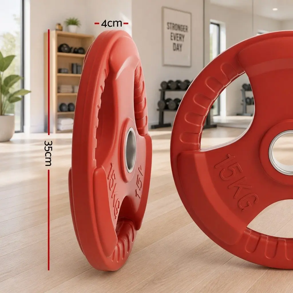 15kg Cast Iron Weight Plate Red Rubber Coated Three-Hole Grip for Dumbbell Barbell Lifting