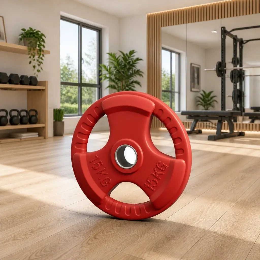 15kg Cast Iron Weight Plate Red Rubber Coated Three-Hole Grip for Dumbbell Barbell Lifting