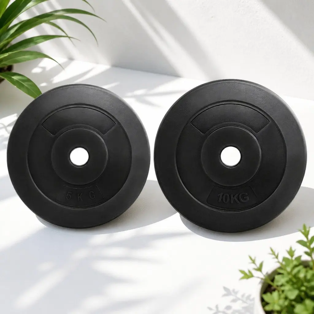 Barbell Weight Plates Standard 31mm Rubber Coated 70kg Black Cast Cement