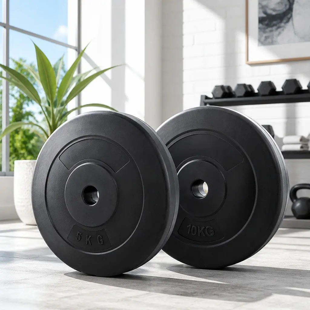 Barbell Weight Plates Standard 31mm Rubber Coated 70kg Black Cast Cement