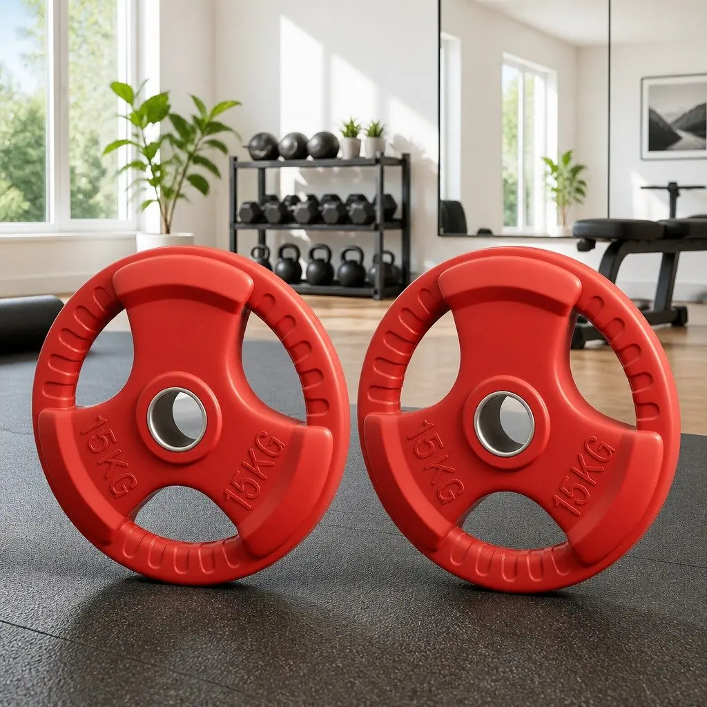 Weight Plates Olympic 15kg x2 Red Cast Iron Dumbbell Barbell Lifting Home Gym