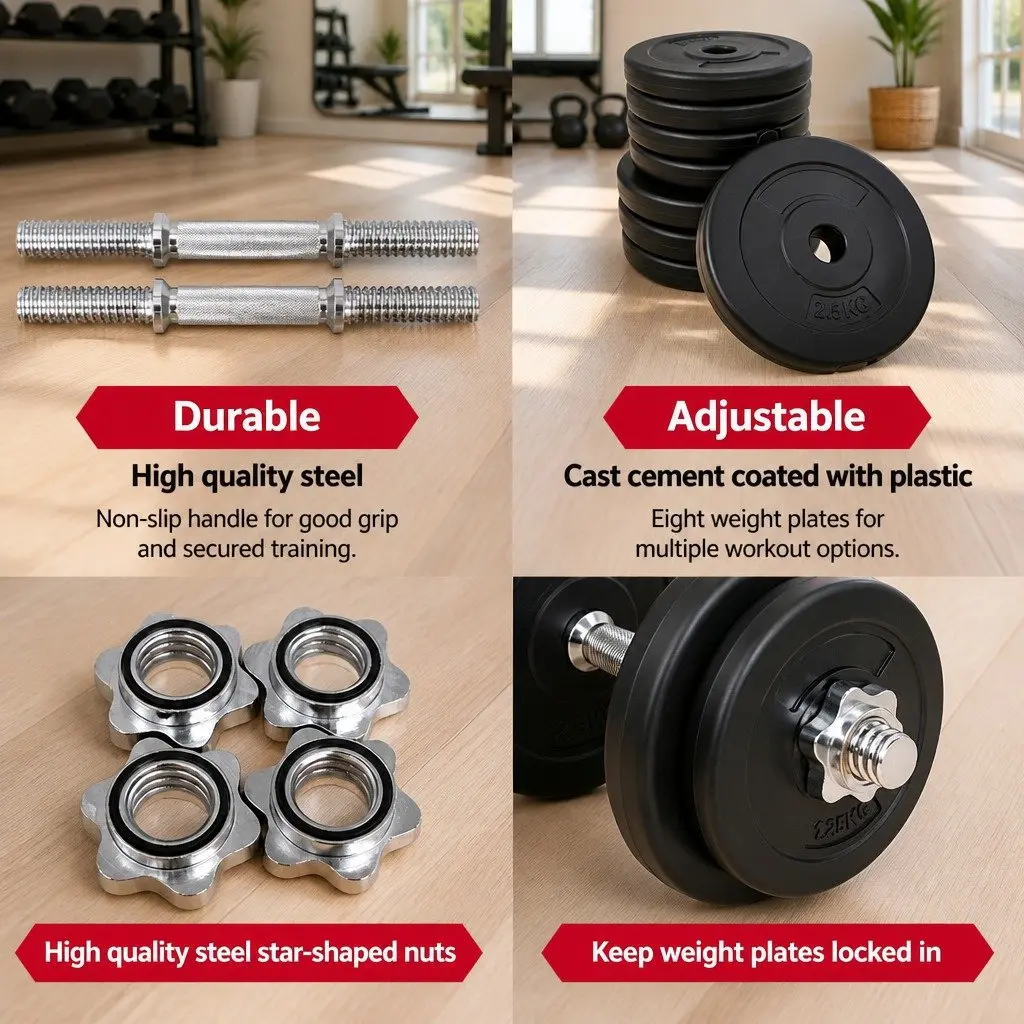 20kg Dumbbell Set Adjustable Weight Plates Non-Slip Handle Home Gym Exercise