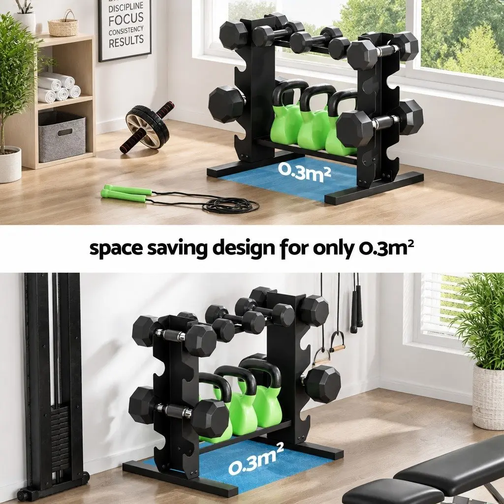 Dumbbell Rack Kettlebell Weight Storage Stand Home Gym 200kg Capacity Black