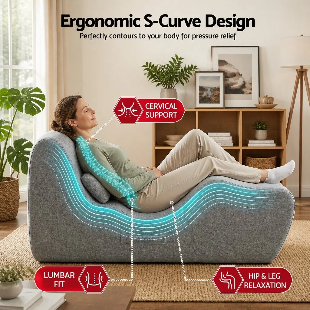 Chaise Lounge Chair Ergonomic S-Curve Boneless Grey 150cm x 58cm x 72cm