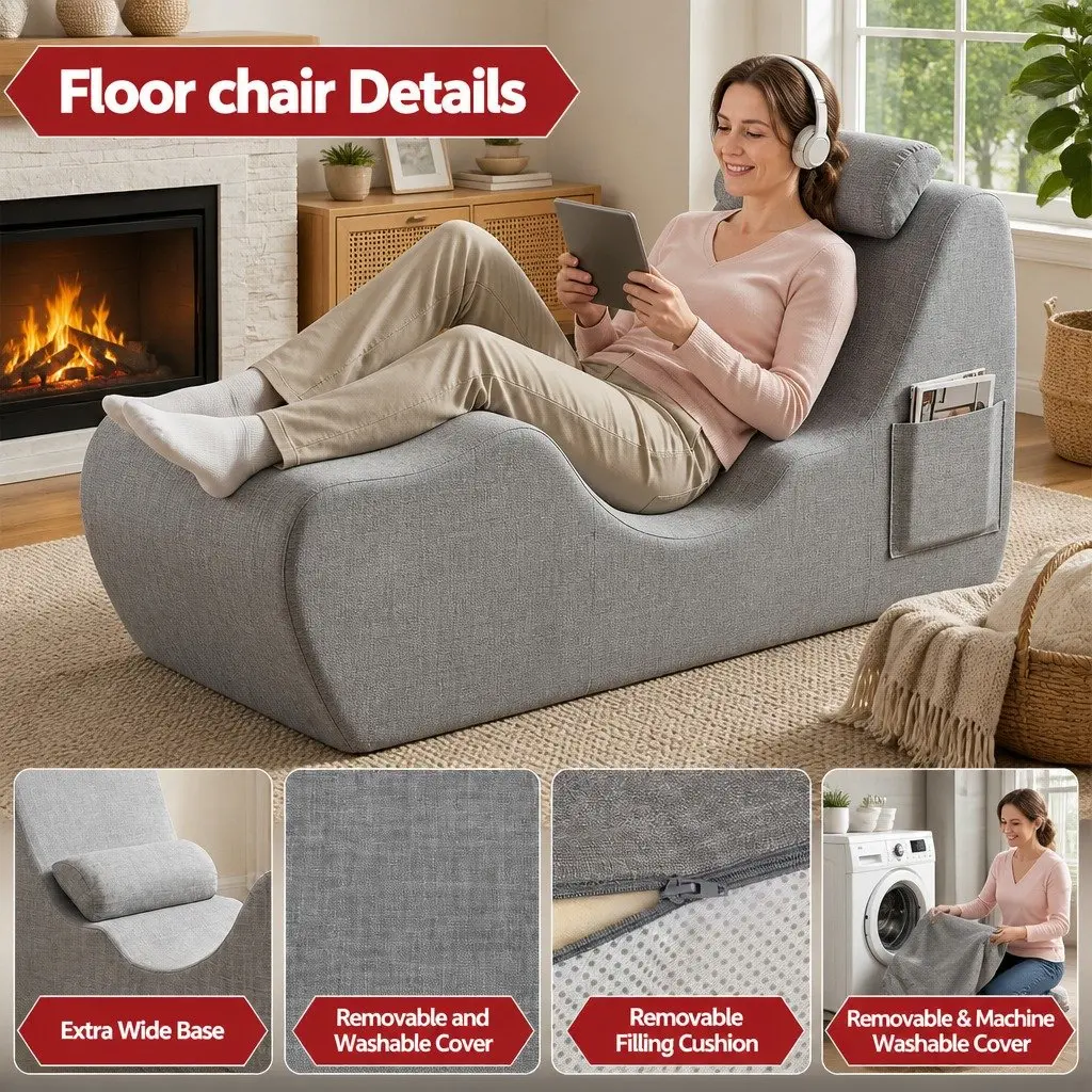 Chaise Lounge Chair Ergonomic S-Curve Boneless Grey 150cm x 58cm x 72cm