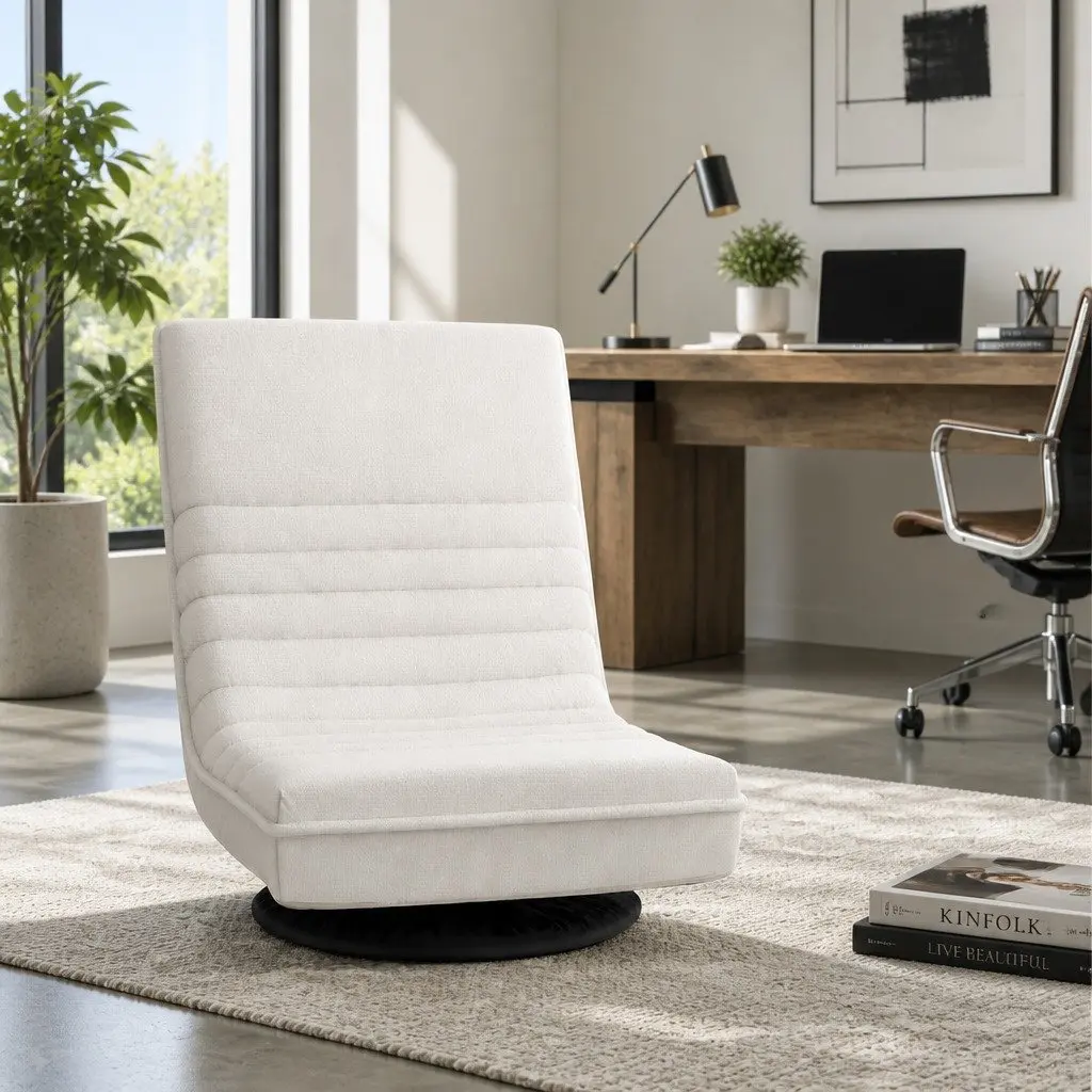 Floor Lounge Sofa Swivel Foldable Recliner Chair White Linen 45cm W x 55cm D x 57cm H