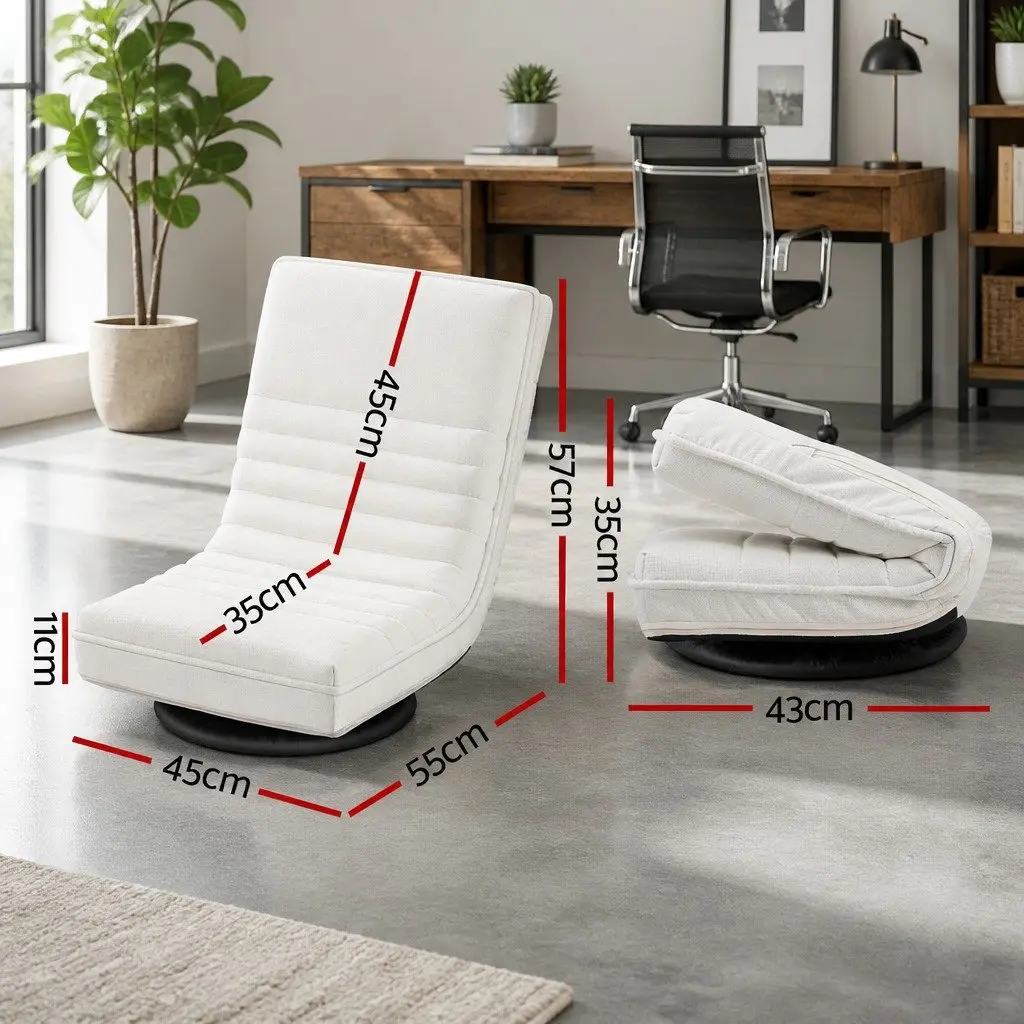 Floor Lounge Sofa Swivel Foldable Recliner Chair White Linen 45cm W x 55cm D x 57cm H