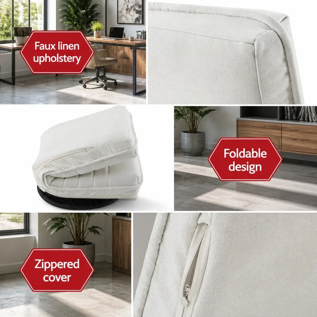 Floor Lounge Sofa Swivel Foldable Recliner Chair White Linen 45cm W x 55cm D x 57cm H